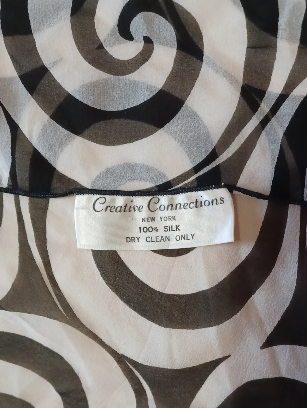 Creative Connections New York Silk Oblong Scarf 66×13 Black White Mod Swirl